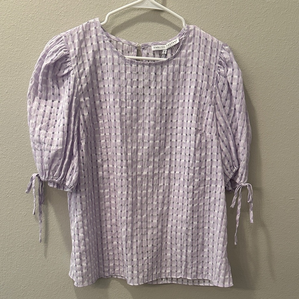 English Factory Purple Puff Sleeve Blouse with Tie Front